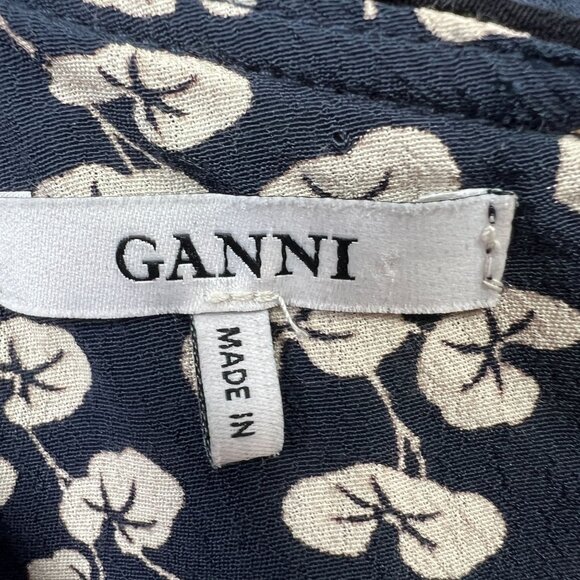 Ganni Roseburg Crepe Dress Maxi Tie Strap Total Eclipse Navy Leaf Print US 4 - Picture 10 of 16